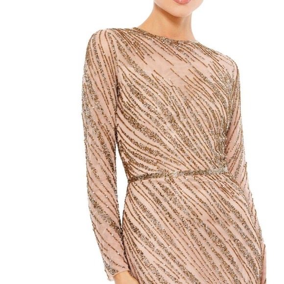 Mac Duggal Size 10 $598 NWT Long Sleeve Heavily Beaded Column Gown Mocha - Picture 3 of 12
